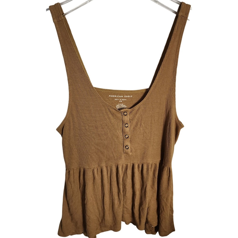 American Eagle Ribbed Babydoll Tank Button Front Brown Womens S